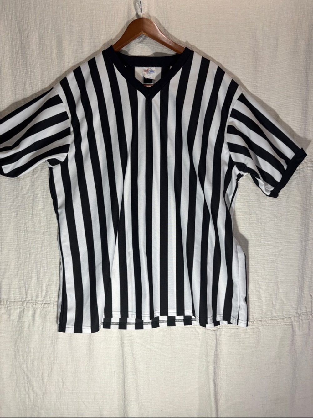 Majestic Black & White Vertical Stripe Short Sleeve Shirt Made in USA 100% Polye